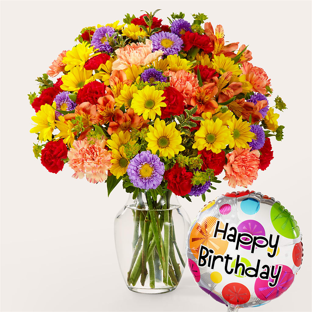 Kaleidoscope Bouquet with Birthday Balloon – Love Blossoms Florist, Lexington NC