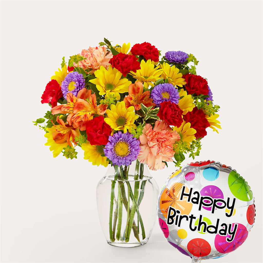 Kaleidoscope Bouquet with Birthday Balloon – Love Blossoms Florist, Lexington NC