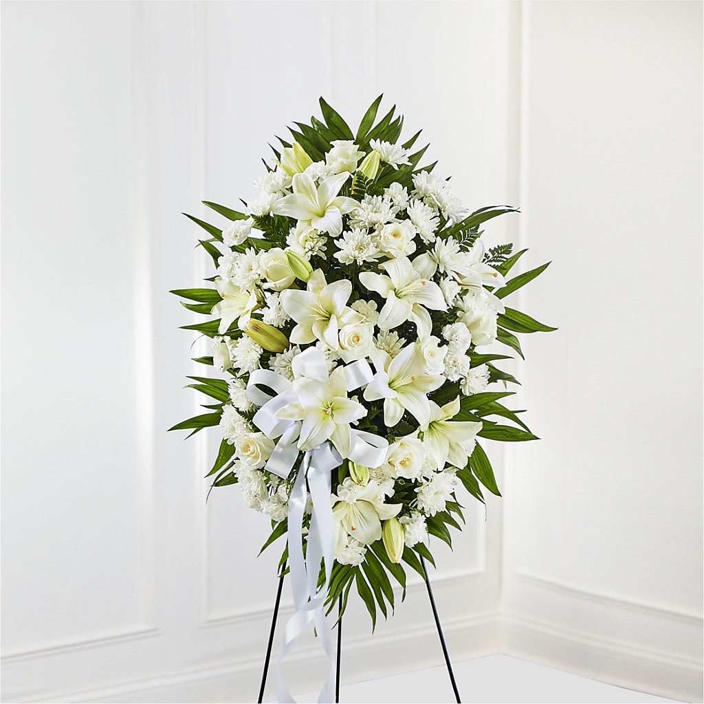 Exquisite Tribute Standing Spray-White Ribbon – Love Blossoms Florist, Lexington NC